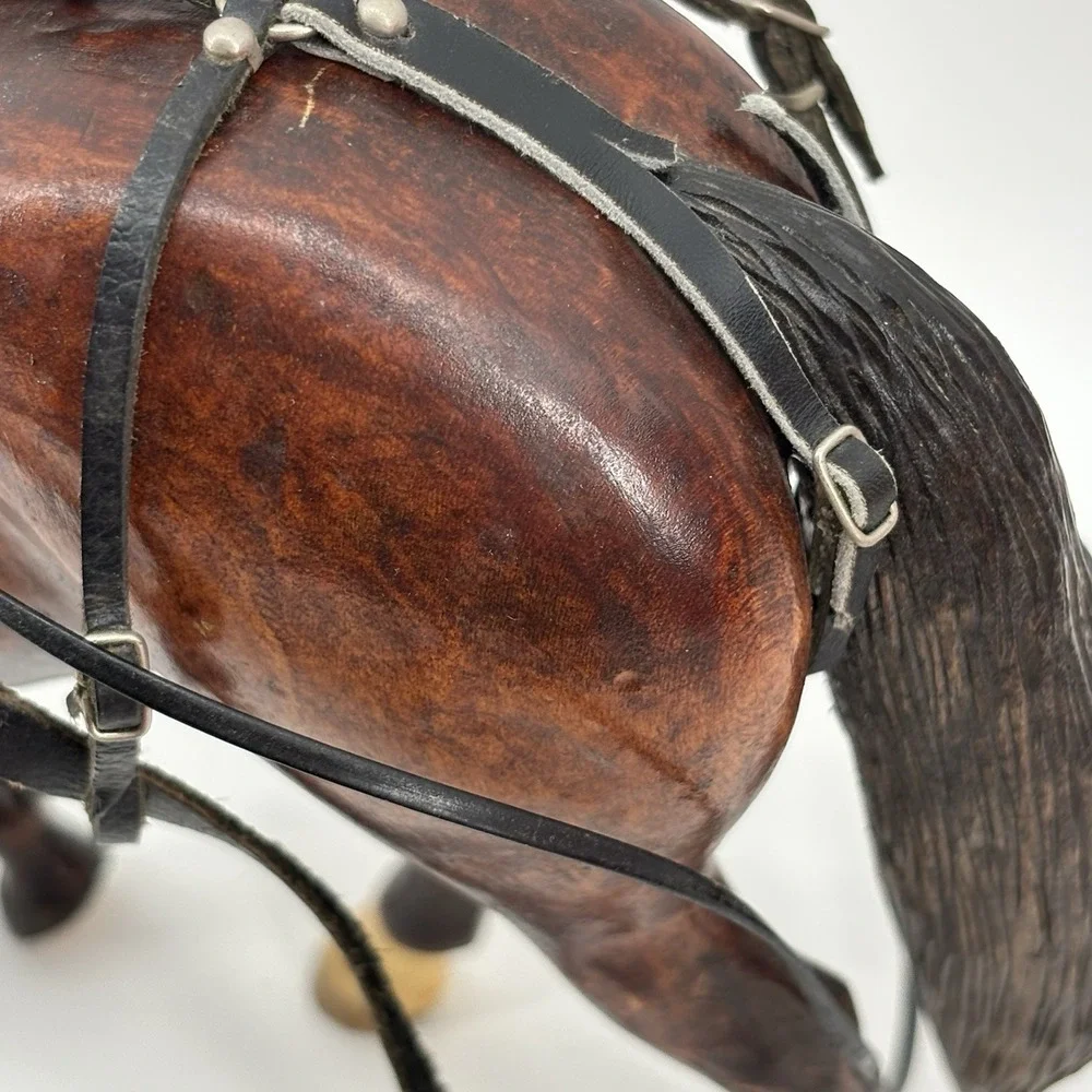 Rare Vintage Wooden Horses  With Tooled‎ Leather Bridle Reins Draft Team